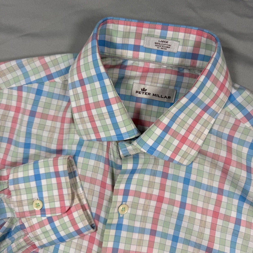 Peter Millar Mens Large Plaid‎ Button Up Shirt Colorful Patel Picnic Summer
